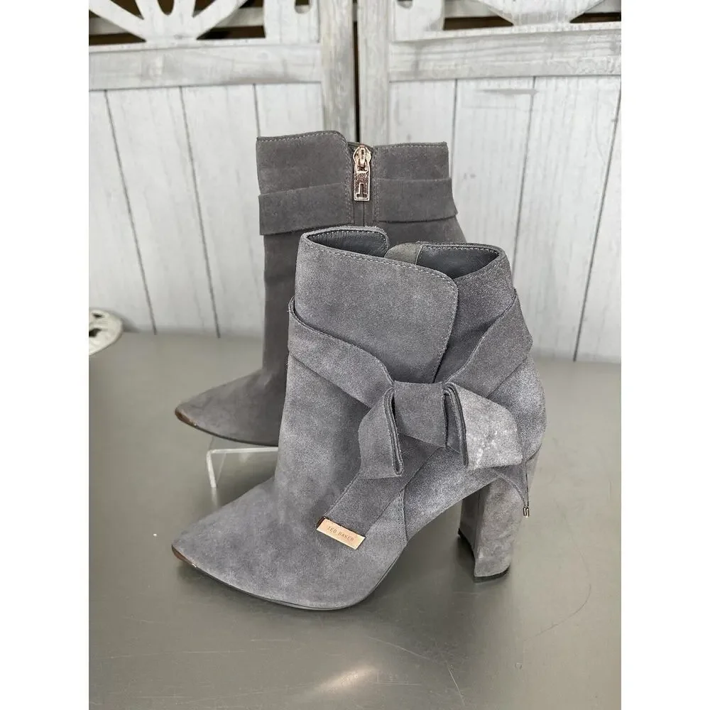 Ted Baker Ankle Boots Bow Accent Women Booties Leather Suede Gray Size 37 US 6